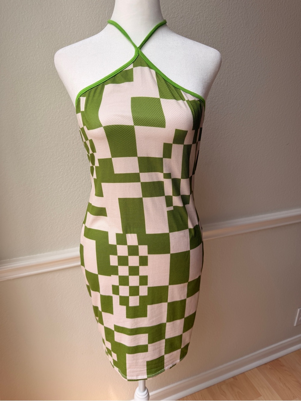 Papaya Green Geometric Halter Mini Dress Y2K Mod Checkerboard Bodycon Medium
